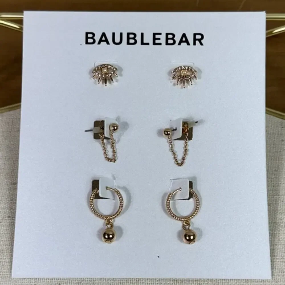 New BaubleBar Set of 3 Stud, Huggie & Jacket Earrings, Gold Size One Size